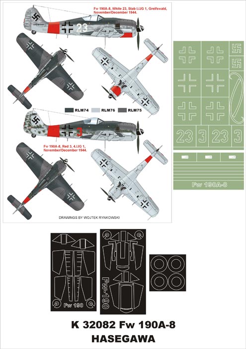 Focke-Wulf Fw-190A-8 (canopy frame paint masks (inside and outside)) insignia and markings masks (designed to be used with Hasegawa kits)
