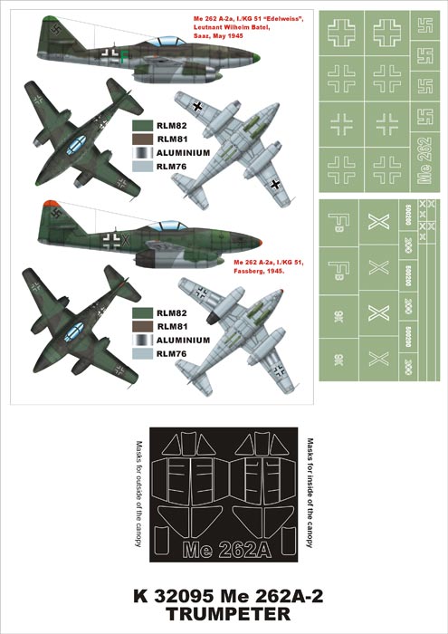 Messerschmitt Me-262A-2 (canopy frame paint masks (inside and outside)) insignia and markings masks (designed to be used with Trumpeter kits)