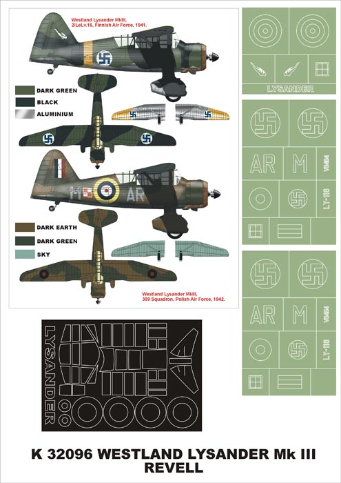 Westland Lysander Mk.III 1 canopy mask (exterior) + insignia and markings masks (designed to be used with Revell kits)