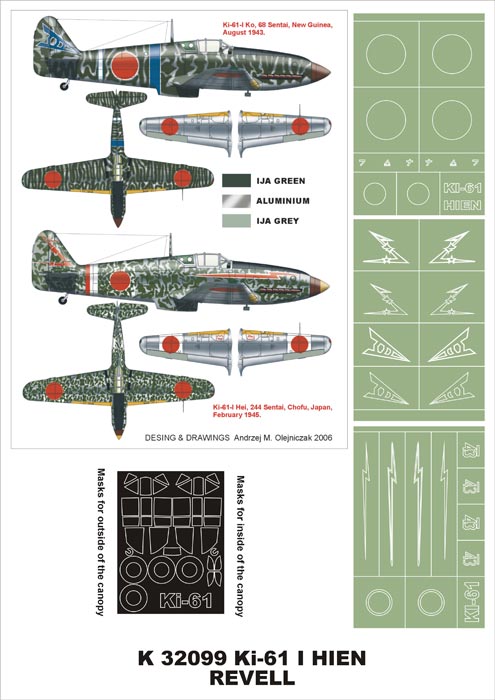 Kawasaki Ki-61-I Hien (canopy frame paint masks (inside and outside)) + insignia and markings masks (designed to be used with Revell kits)