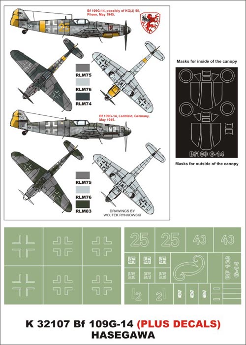 Messerschmitt Bf-109G-14 (canopy frame paint masks (inside and outside)) insignia and markings masks + decals (designed to be used with Hasegawa kits)