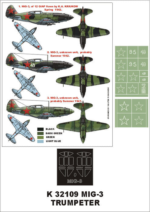 Mikoyan MiG-3 (canopy frame paint masks (inside and outside)) insignia and markings masks (designed to be used with Trumpeter kits)
