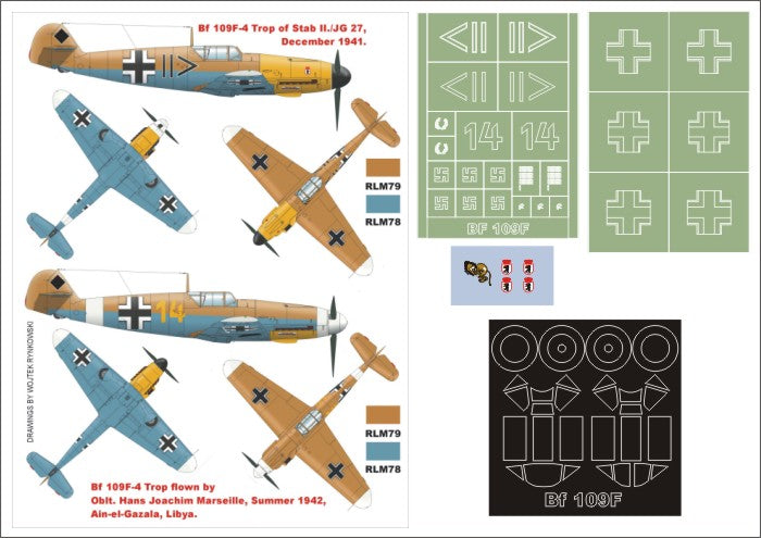 Messerschmitt Bf-109F-4 Trop (canopy frame paint masks (inside and outside)) insignia and markings masks + decals (designed to be used with Hasegawa +AIRES kits)