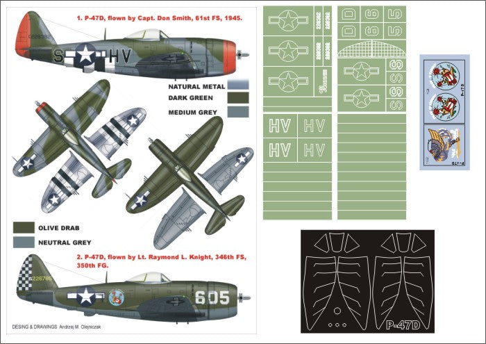 Republic P-47D Thunderbolt 'Bubbletop' (canopy frame paint masks (inside and outside)) + insignia and markings masks + decals (designed to be used with Hasegawa kits)