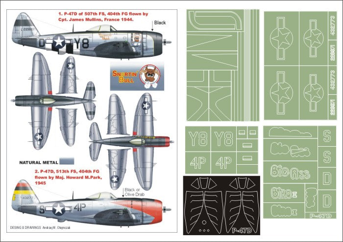 Republic P-47D Thunderbolt 'Bubbletop' (canopy frame paint masks (inside and outside)) + insignia and markings masks + decals (designed to be used with Hasegawa kits)