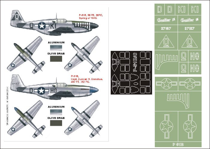 North-American P-51B Mustang (canopy frame paint masks (inside and outside)) insignia and markings masks (designed to be used with Trumpeter kits)