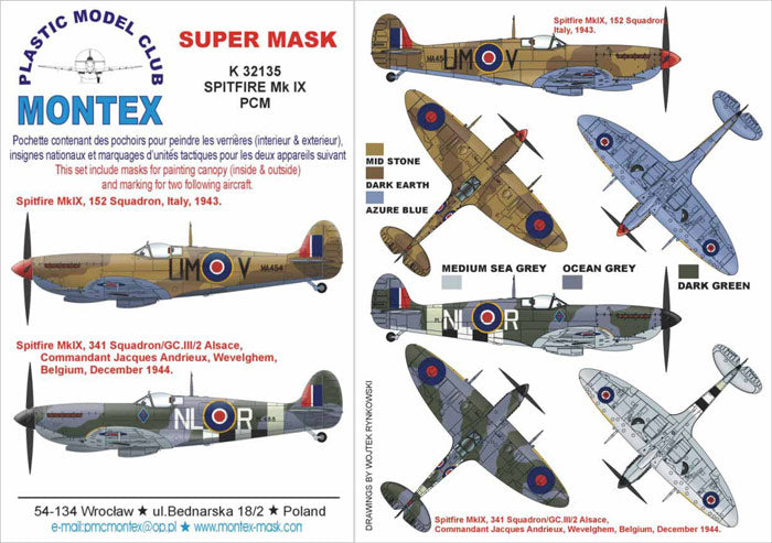 Supermarine Spitfire Mk.IX (canopy frame paint masks (inside and outside)) insignia and markings masks (designed to be used with Pacific Coast Models kits)