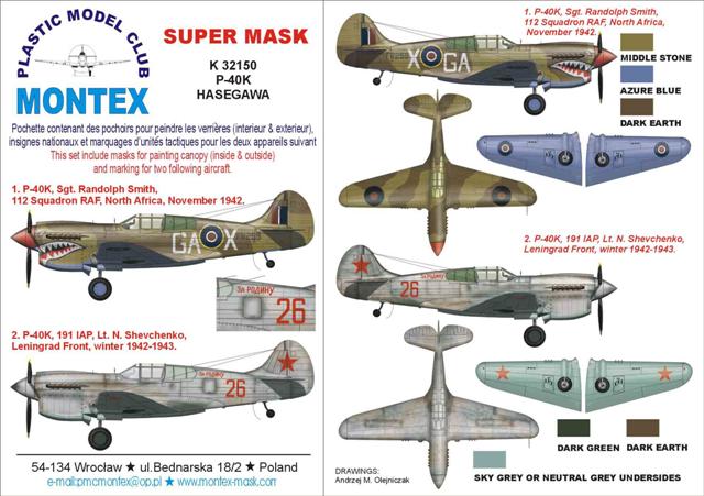 Curtiss P-40K (canopy frame paint masks (inside and outside)) + insignia and markings masks (designed to be used with Hasegawa kits)