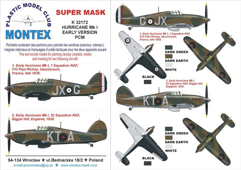 Hawker Hurricane Mk.I EARLY (canopy frame paint masks (inside and outside)) insignia and markings masks (designed to be used with Pacific Coast Models kits)
