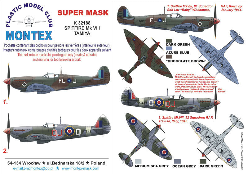 Supermarine Spitfire Mk.VIII (canopy frame paint masks (inside and outside)) insignia and markings masks (designed to be used with Tamiya kits)