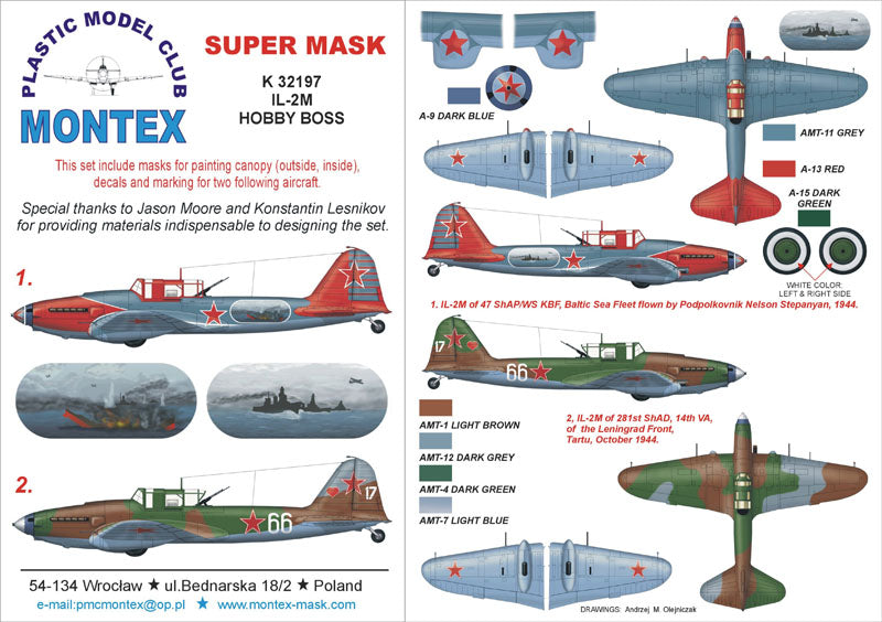Ilyushin Il-2M (canopy frame paint masks (inside and outside)) + insignia and markings masks + decals (designed to be used with Hobby Boss kits)