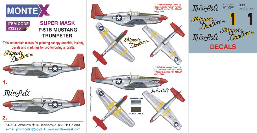North-American P-51B MUSTANG (canopy frame paint masks (inside and outside)) insignia and markings masks + decals (designed to be used with Trumpeter kits)