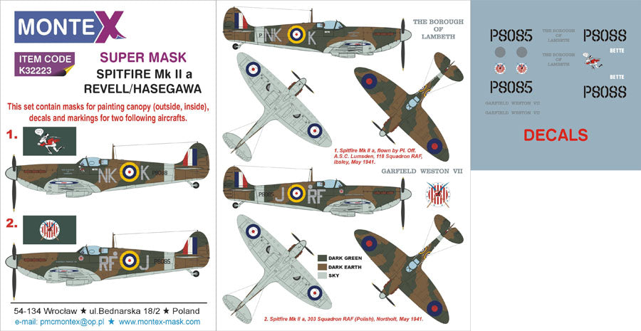 Supermarine Spitfire Mk.IIa a (canopy frame paint masks (inside and outside)) insignia and markings masks + decals (designed to be used with Hasegawa kits)