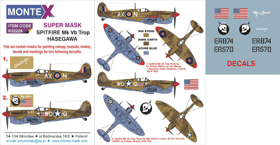Supermarine Spitfire Mk.Vb Trop (canopy frame paint masks (inside and outside)) insignia and markings masks + decals (designed to be used with Hasegawa kits)
