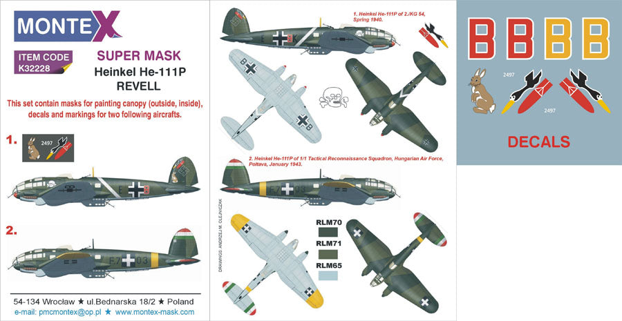 Heinkel He-111P (canopy frame paint masks (inside and outside)) + insignia and markings masks + decals (designed to be used with Revell kits)