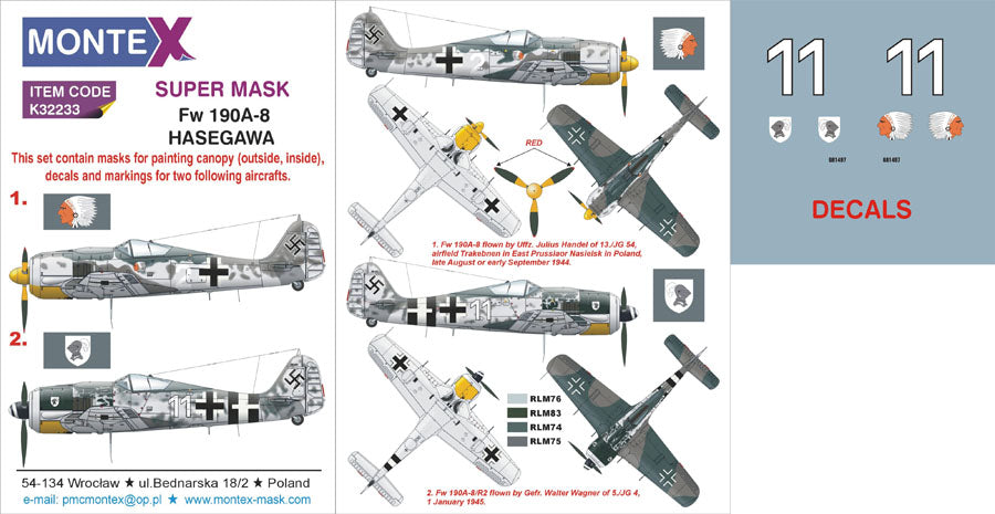 Focke-Wulf Fw-190A-8 (canopy frame paint masks (inside and outside)) + insignia and markings masks + decals (designed to be used with Hasegawa kits)