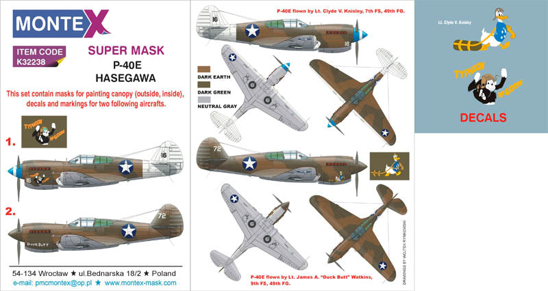 Curtiss P-40E Kittyhawk (canopy frame paint masks (inside and outside)) + insignia and markings masks + decals (designed to be used with Hasegawa kits)