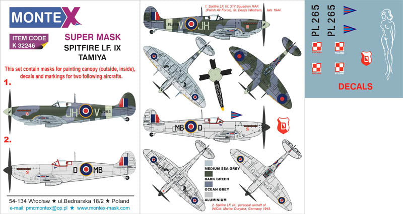 Supermarine Spitfire Mk.IX (canopy frame paint masks (inside and outside)) insignia and markings masks + decals (designed to be used with Tamiya kits)