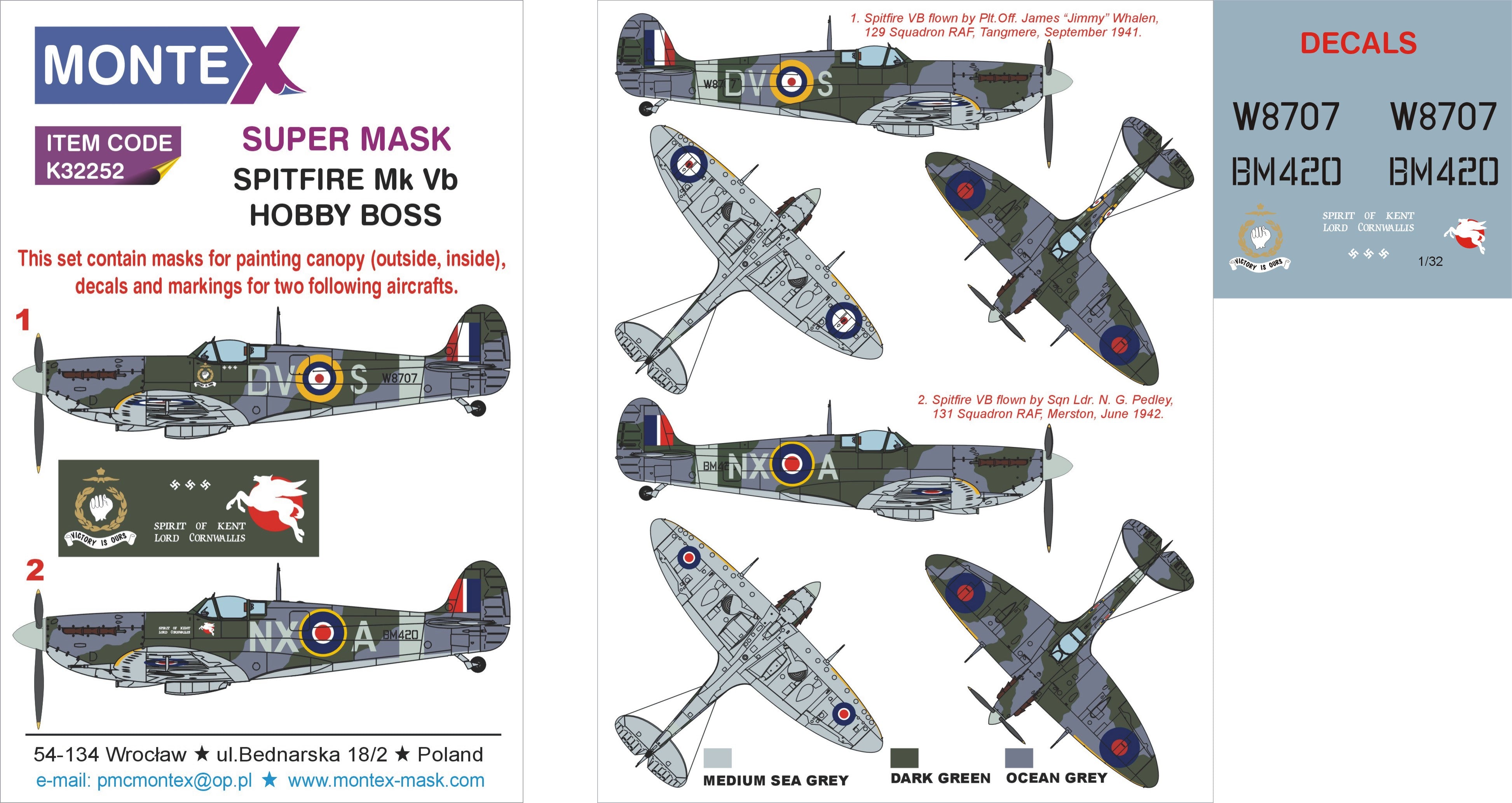 Supermarine Spitfire Mk.Vb (canopy frame paint masks (inside and outside)) + insignia and markings masks + decals (designed to be used with Hobby Boss kits)