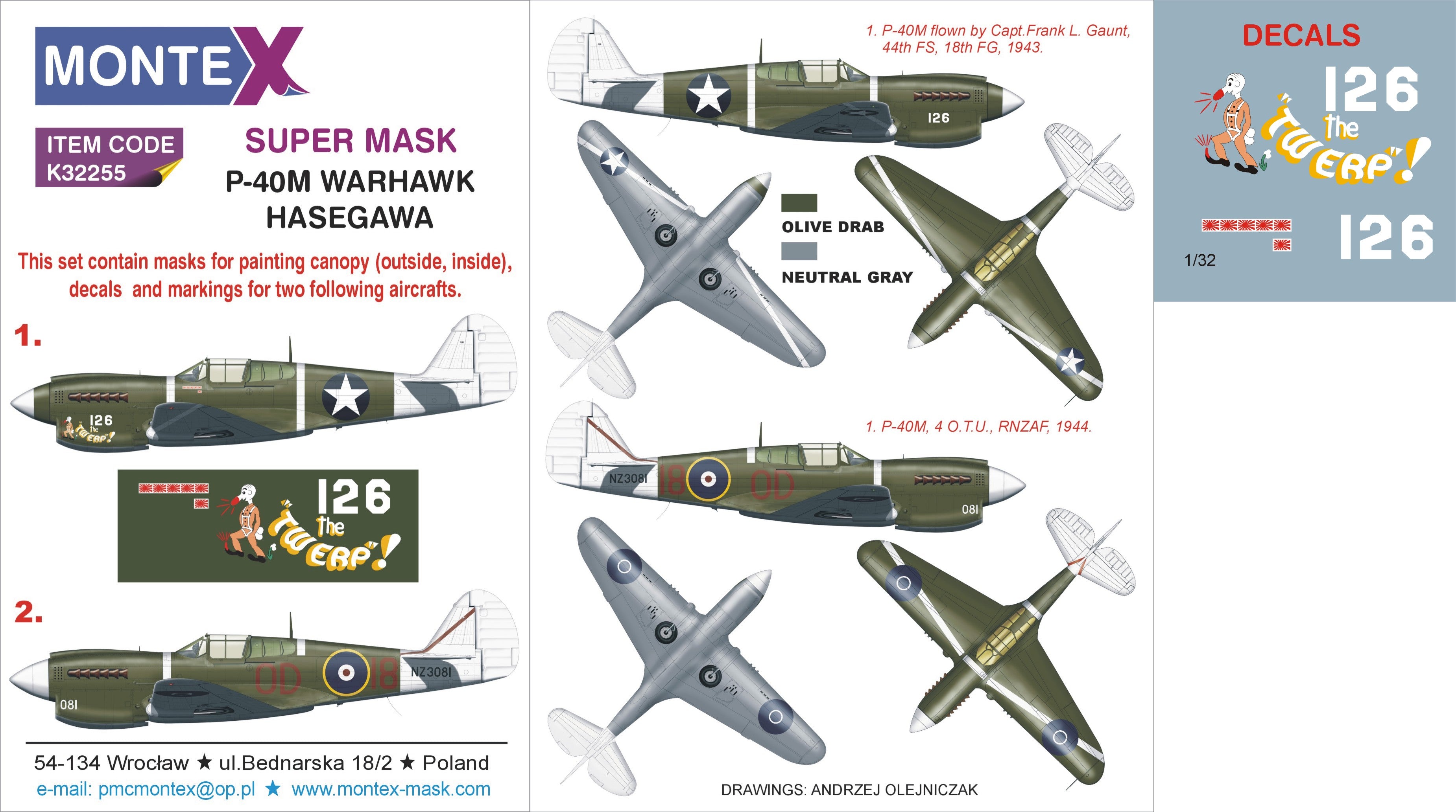 Curtiss P-40M (canopy frame paint masks (inside and outside)) + insignia and markings masks + decals (designed to be used with Hasegawa kits)