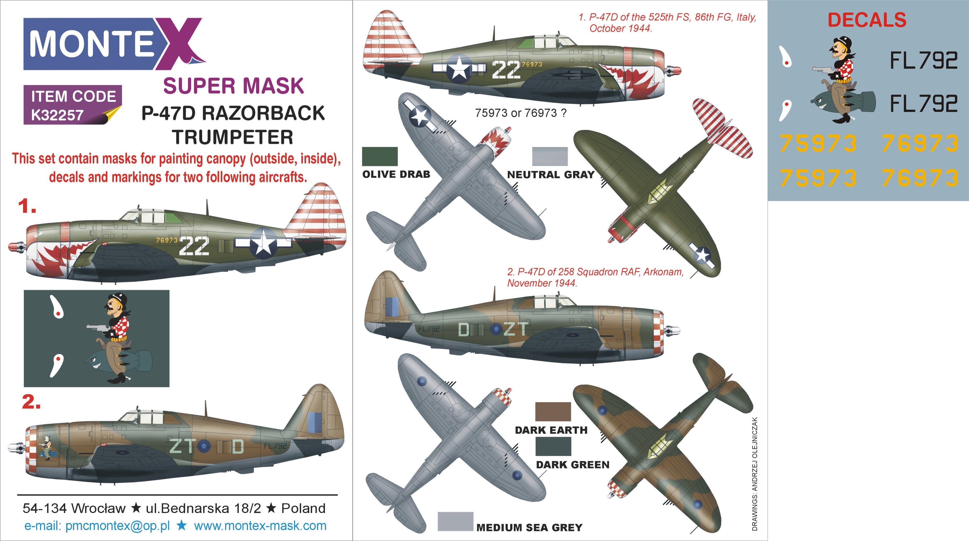 Republic P-47D Thunderbolt RAZORBACK (canopy frame paint masks (inside and outside)) + insignia and markings masks + decals (designed to be used with Trumpeter kits)