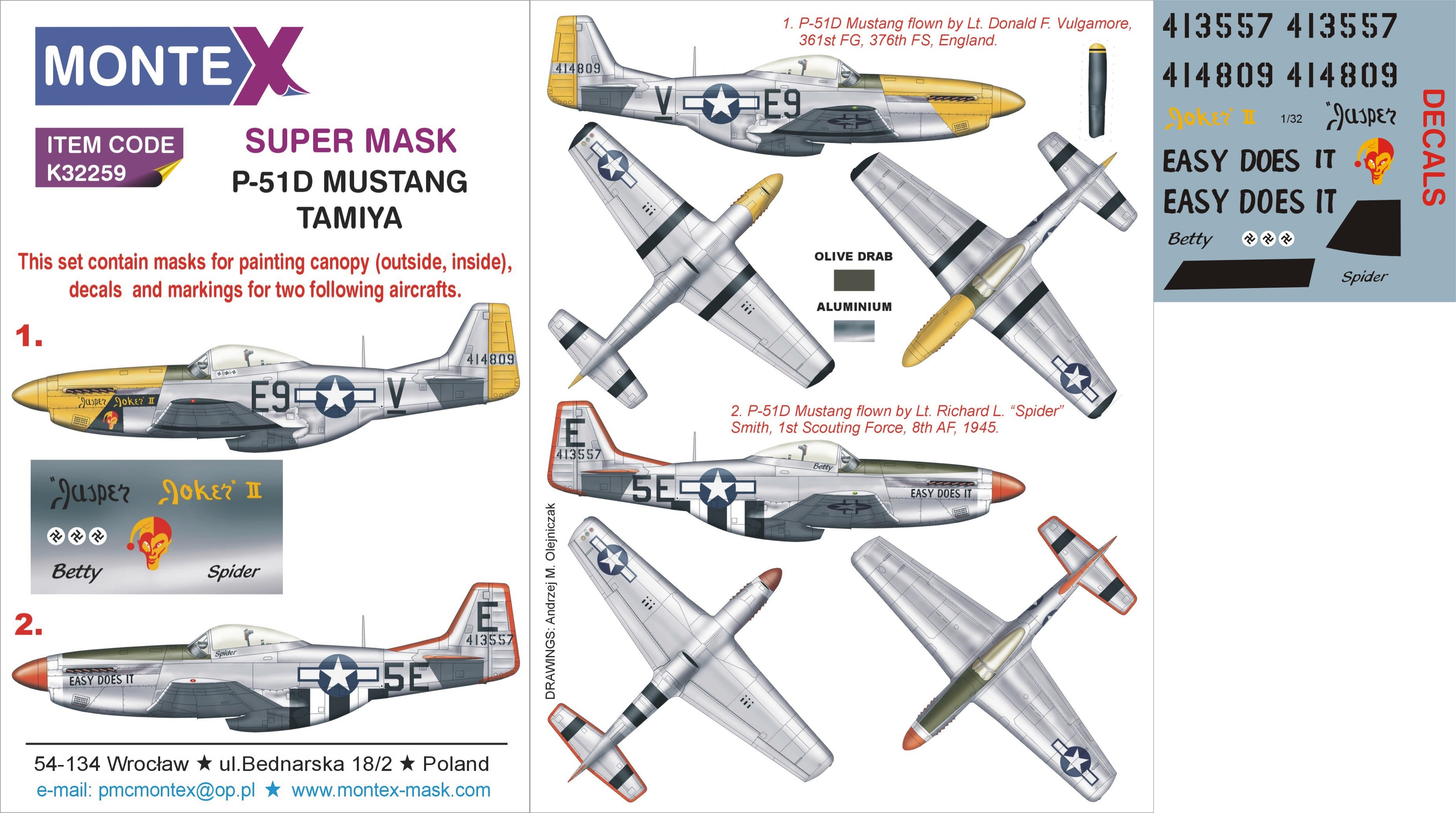 North-American P-51D MUSTANG (canopy frame paint masks (inside and outside)) + insignia and markings masks + decals (designed to be used with Tamiya kits)