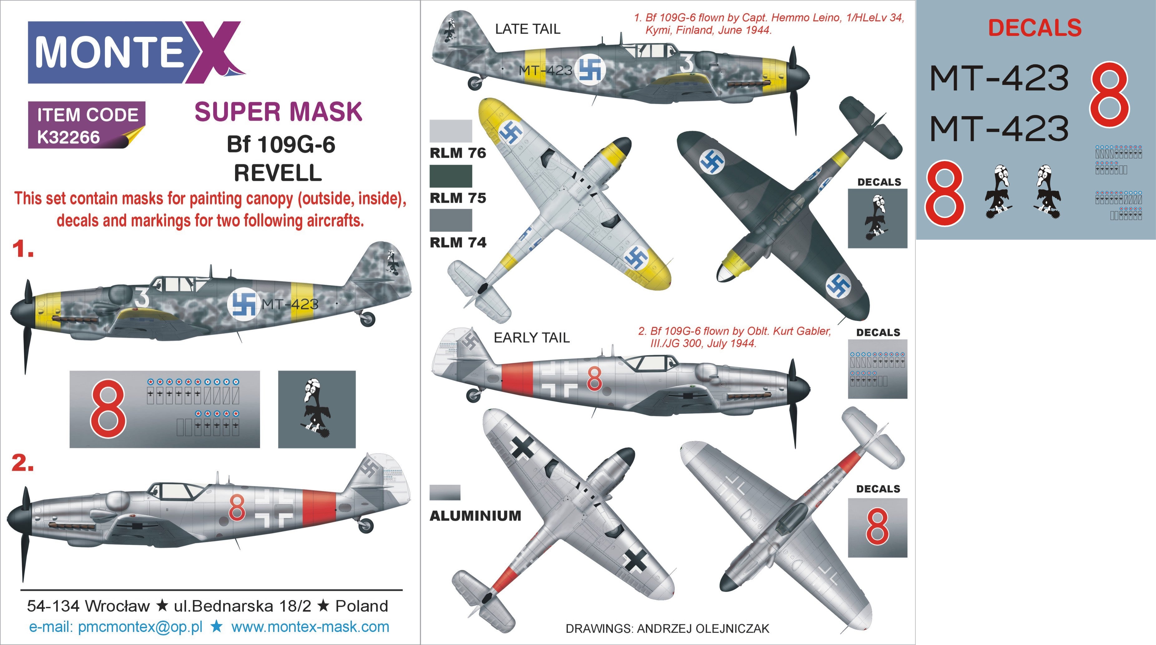 Messerschmitt Bf-109G-6 (canopy frame paint masks (inside and outside)) insignia and markings masks + decals (designed to be used with Revell kits)