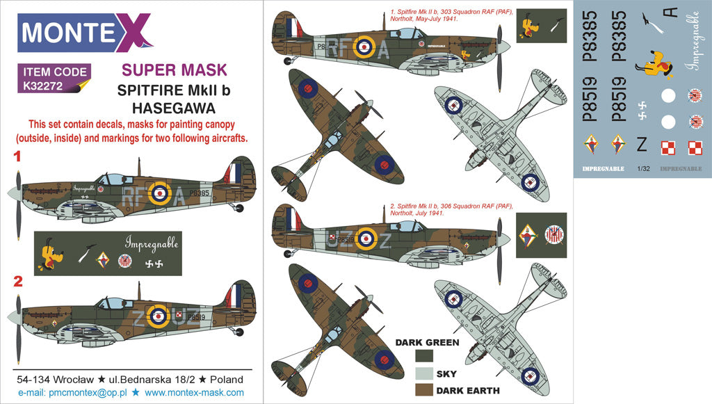 Supermarine Spitfire Mk.IIb (canopy frame paint masks (inside and outside)) insignia and markings masks + decals (designed to be used with Hasegawa kits)