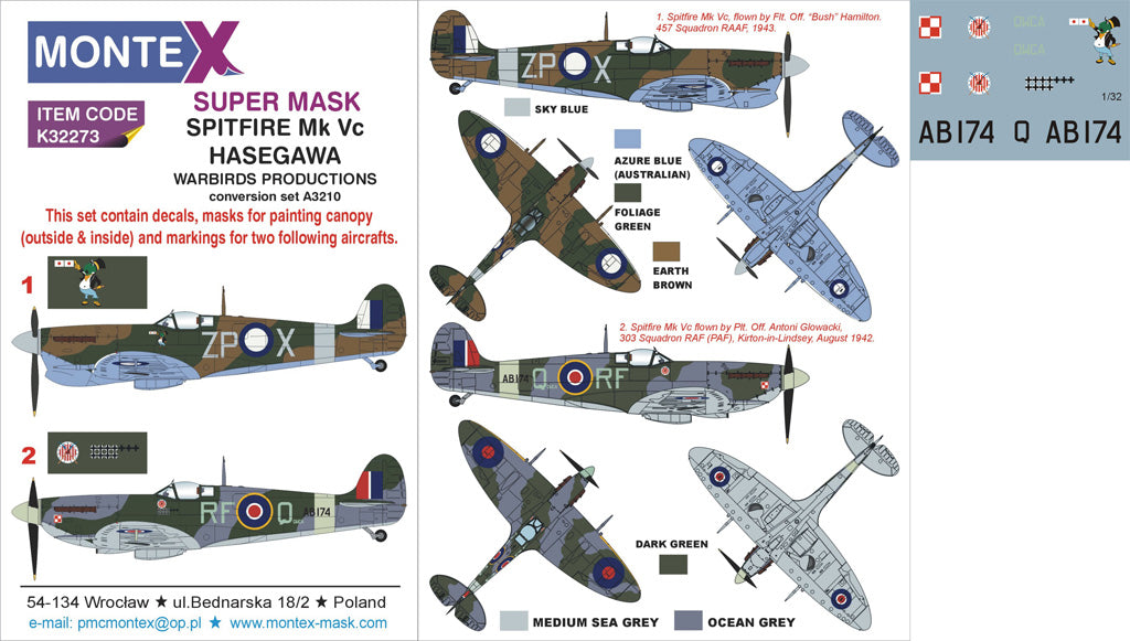 Supermarine Spitfire Mk.Vc (canopy frame paint masks (inside and outside)) insignia and markings masks + decals (designed to be used with Hasegawa kits)