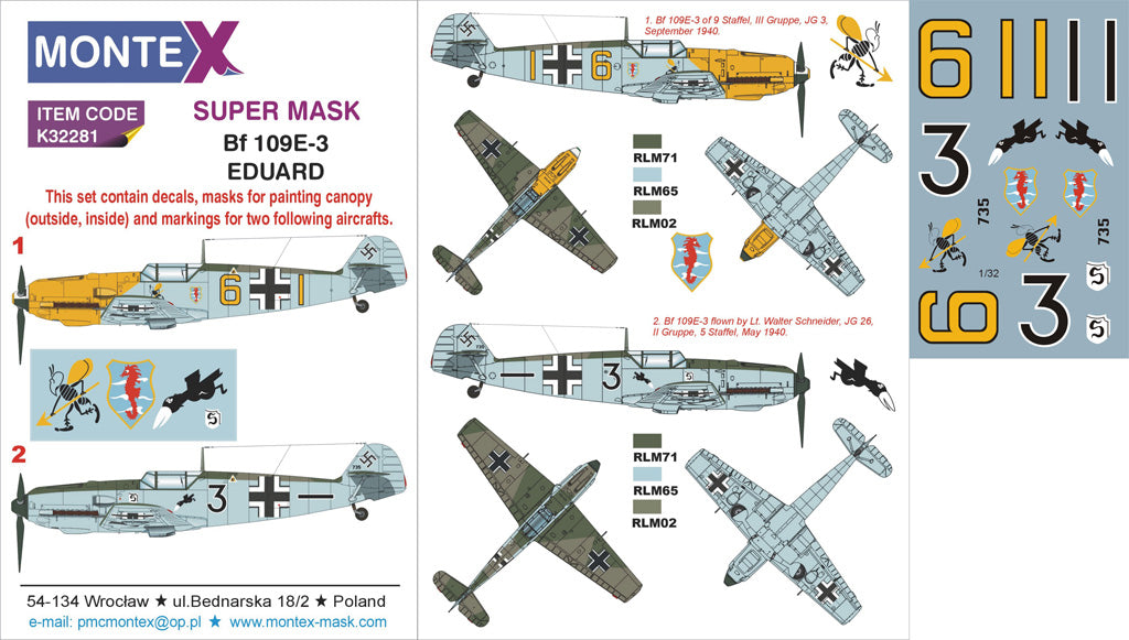 Messerschmitt Bf-109E-3 (canopy frame paint masks (inside and outside)) insignia and markings masks + decals (designed to be used with EDUARD kits)