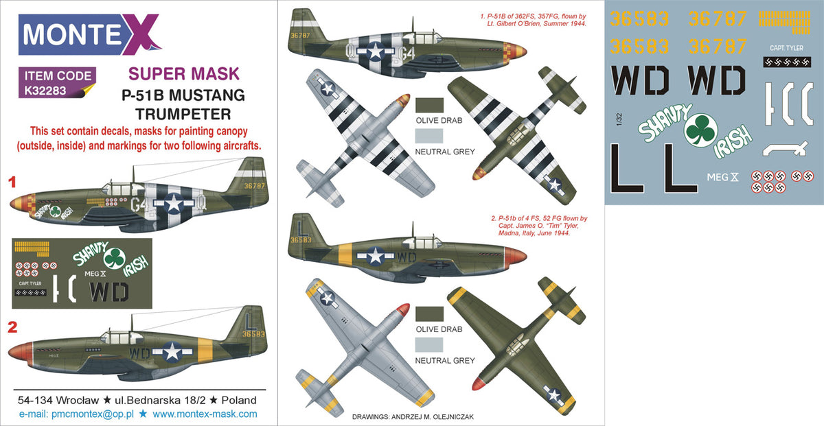 North-American P-51B Mustang 2 canopy frame paint mask (inside & outside) insignia and markings masks + decals (designed to be used with Trumpeter kits)