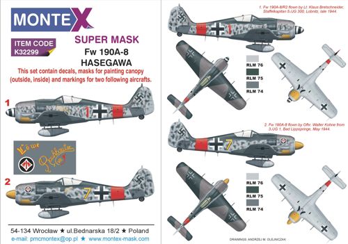 Focke-Wulf Fw-190A-8 2 canopy frame paint mask (inside & outside) insignia and markings masks + decals (designed to be used with Hasegawa kits)