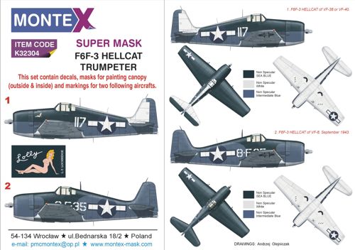 Grumman F6F-3 HELLCAT 2 canopy frame paint mask (inside & outside) insignia and markings masks + decals (designed to be used with Trumpeter kits)
