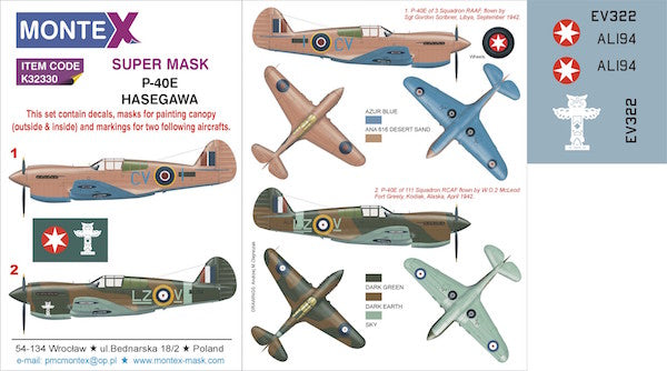 Curtiss P-40E (designed to be used with Hasegawa kits) 2 canopy mask (interior and exterior canopy frame mask) + insignia and markings masks + decals