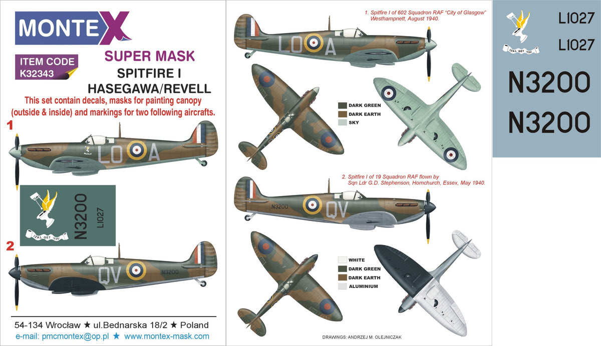 Supermarine Spitfire Mk.I 2 canopy mask (interior and exterior canopy frame mask) + insignia and markings masks + decals (designed to be used with Hasegawa and Revell kits)