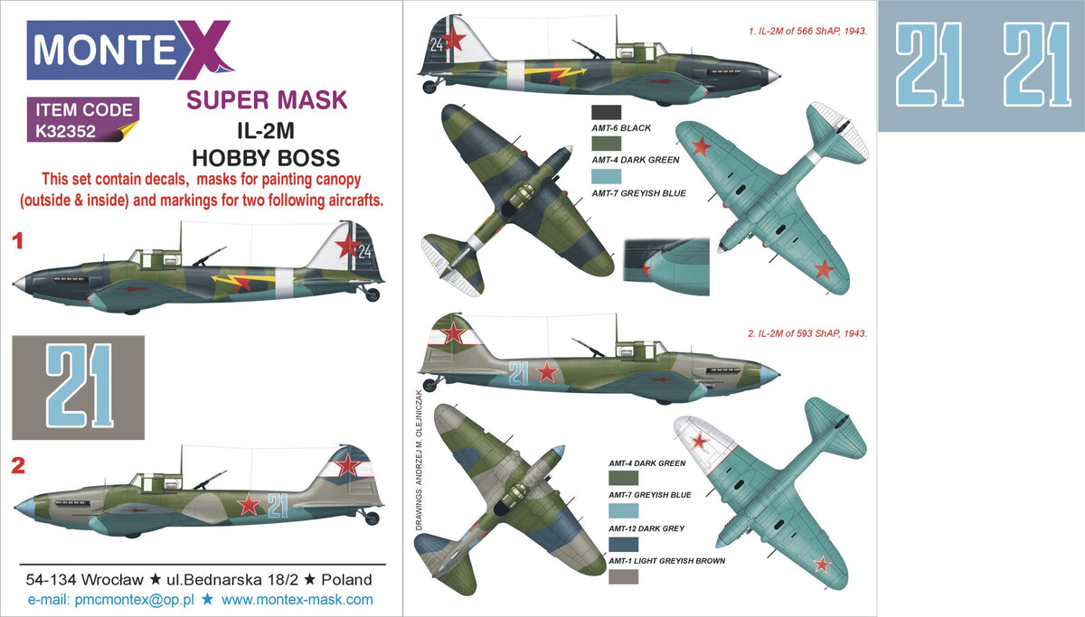 Ilyushin IL-2Mc 2 canopy mask (interior and exterior canopy frame mask) + insignia and markings masks + decals (designed to be used with Hobby Boss kits)