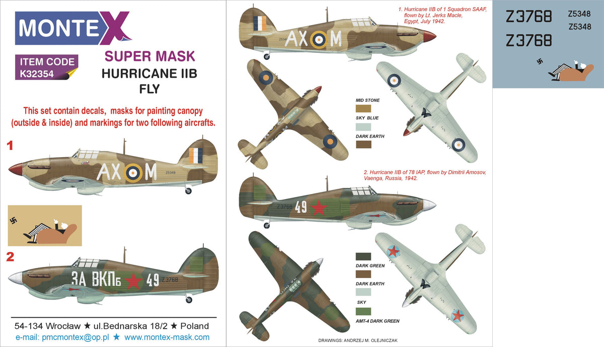 Hawker Hurricane Mk.IIb 2 canopy mask (interior and exterior canopy frame mask) + insignia and markings masks + decals (designed to be used with Fly kits)