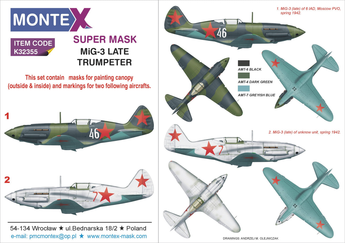 Mikoyan MiG-3 late version 2 canopy mask (interior and exterior canopy frame mask) + insignia and markings masks (designed to be used with Trumpeter kits)
