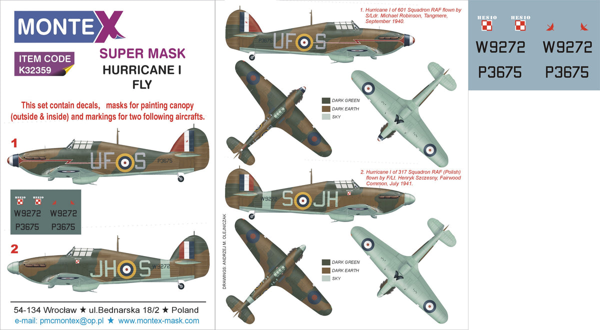 Hawker Hurricane Mk.I 2 canopy mask (interior and exterior canopy frame mask) + insignia and markings masks + decals (designed to be used with Fly kits)