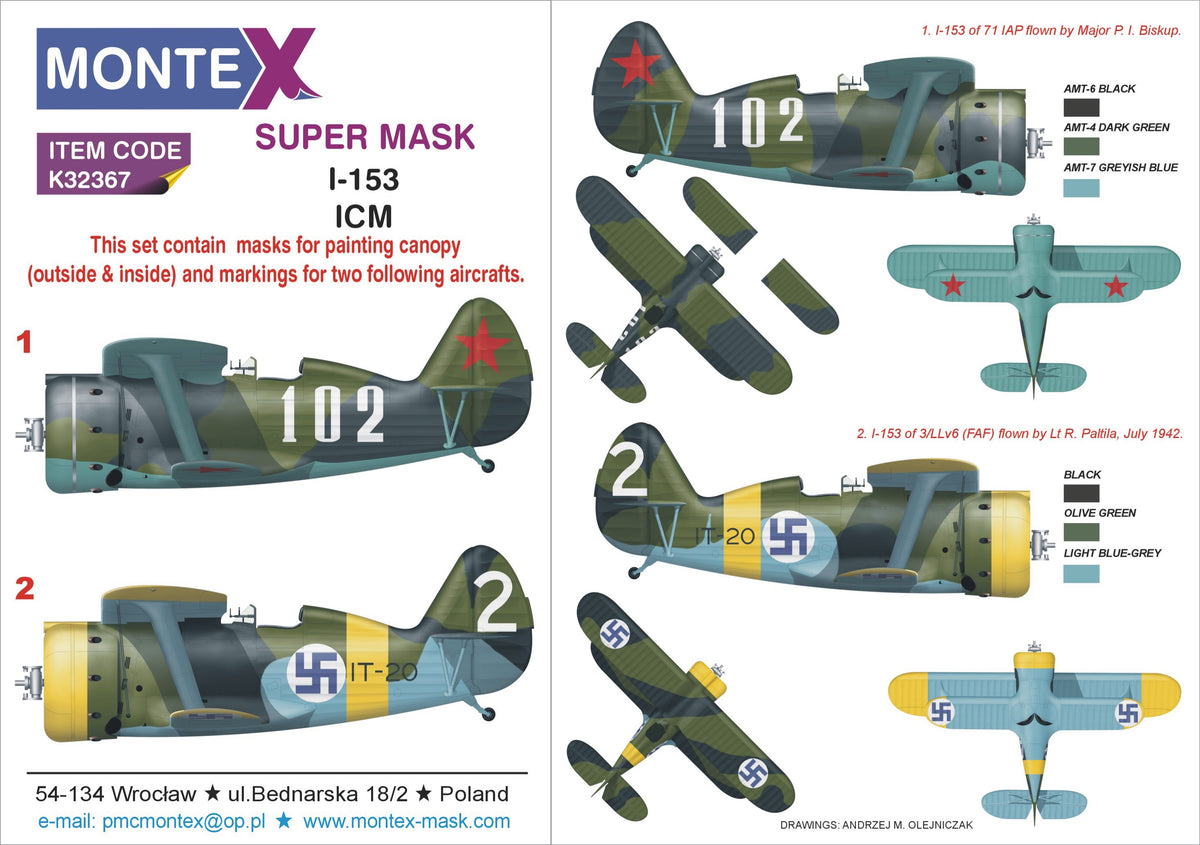 Polikarpov I-153 2 canopy frame paint mask (inside & outside) insignia and markings masks (designed to be used with ICM UA UK kits)