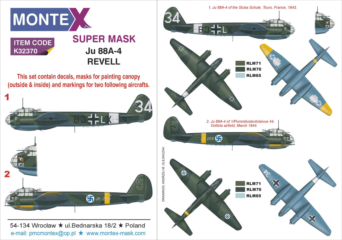 Junkers Ju-88A-4 2 canopy frame paint mask (inside & outside) + insignia and markings masks + decals (designed to be used with Revell kits)
