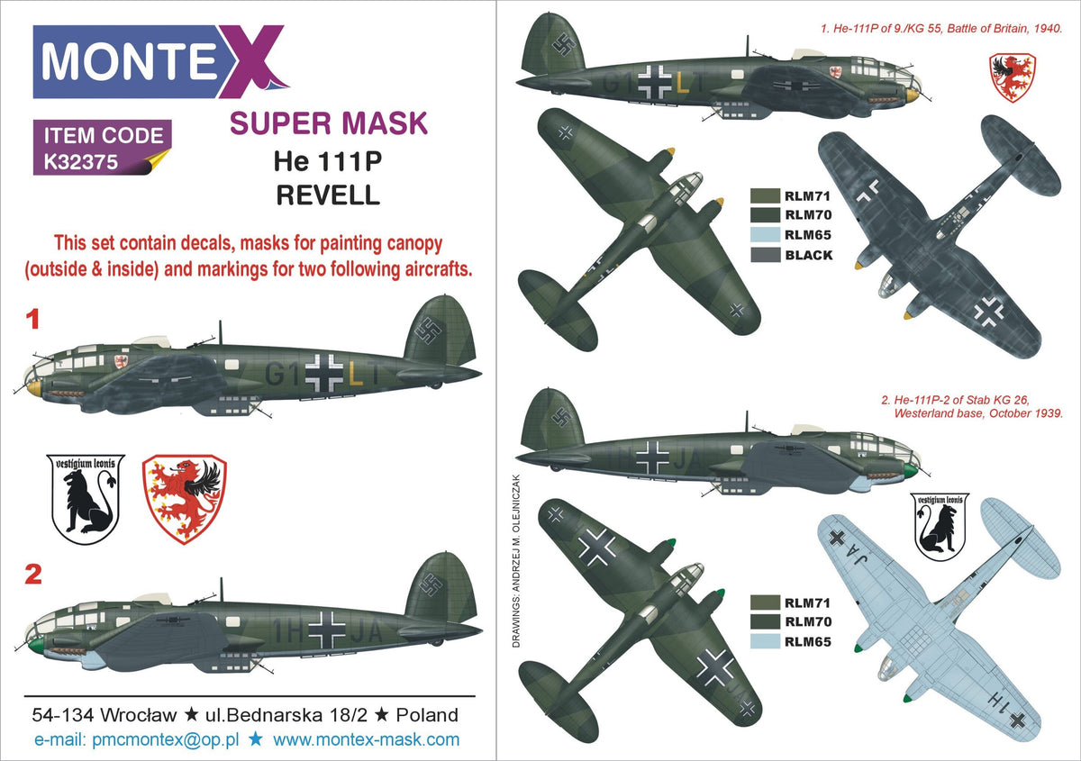 Heinkel He-111P-1 2 canopy frame paint mask (inside & outside) + insignia and markings masks + decals (designed to be used with Revell kits)