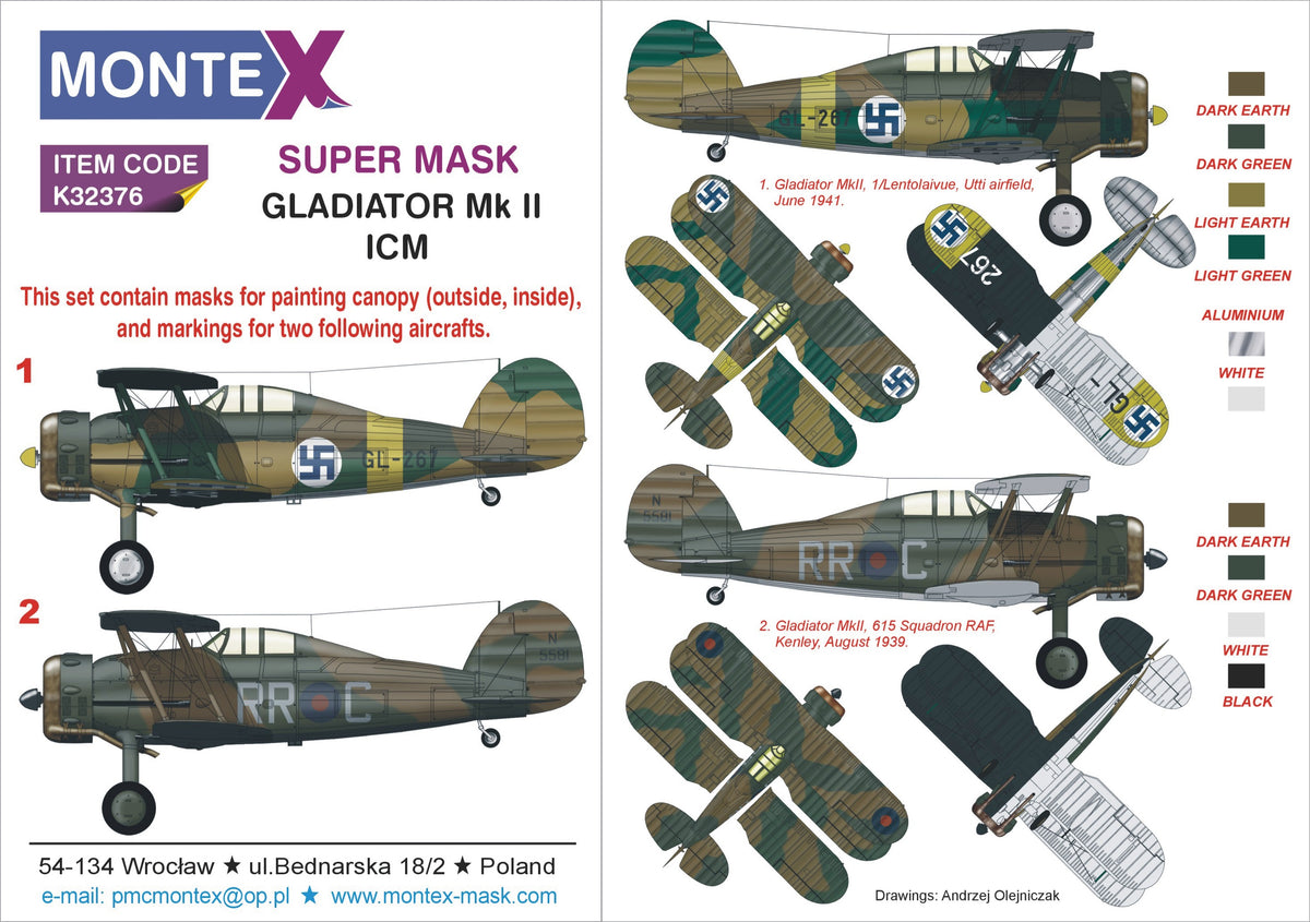 Gloster Gladiator Mk.II 2 canopy frame paint masks (inside & outside) + markings masks for 2 aircraft. 1 RAF and 1 Finland. (designed to be used with ICM UA UK kits)