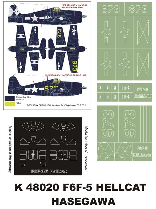 Grumman F6F-5 Hellcat (canopy frame paint masks (inside and outside)) + insignia and markings masks (designed to be used with Hasegawa kits)