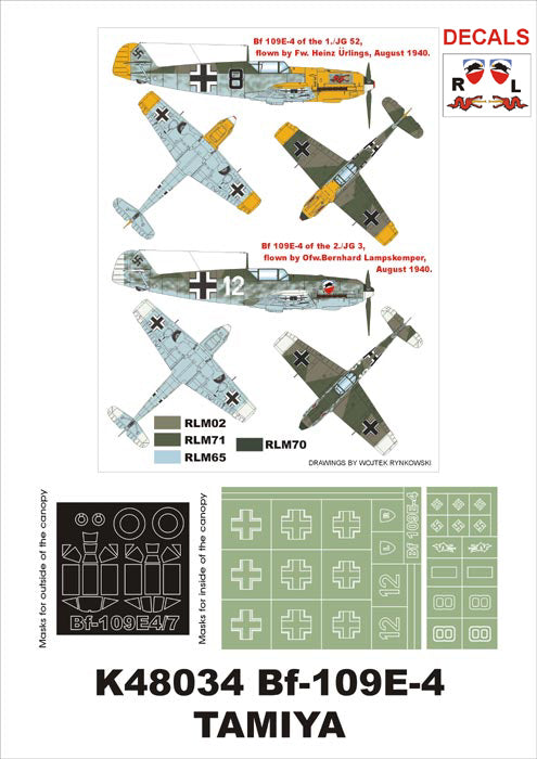 Messerschmitt Bf-109E-4 (canopy frame paint masks (inside and outside)) insignia and markings masks + decals (designed to be used with Tamiya kits)