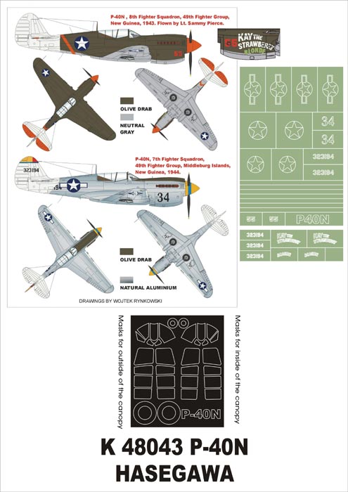 Curtiss P-40N Warhawk (canopy frame paint masks (inside and outside)) insignia and markings masks (designed to be used with Hasegawa kits)