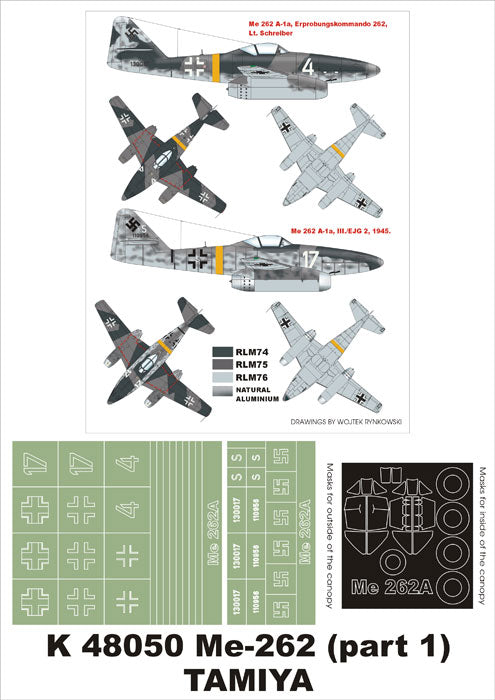Messerschmitt Me-262 (part 1) (canopy frame paint masks (inside and outside)) insignia and markings masks (designed to be used with Tamiya kits)