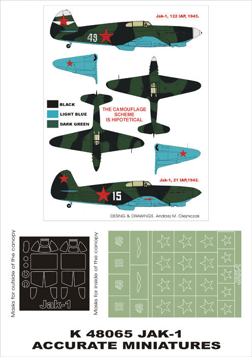 Yakovlev Yak-1 canopy frame paint masks (exterior and interior) + insignia and markings masks (designed to be used with Academy, Accurate Miniatures, Eduard and Hobby 2000 kits)