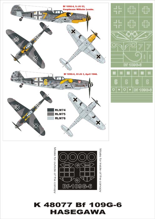 Messerschmitt Bf-109G-6 (canopy frame paint masks (inside and outside)) insignia and markings masks (designed to be used with Hasegawa kits)