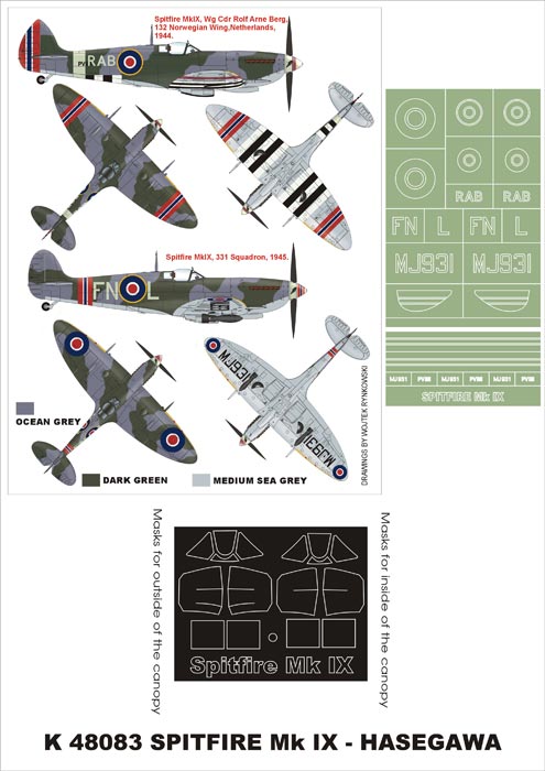 Supermarine Spitfire Mk.IX (canopy frame paint masks (inside and outside)) insignia and markings masks (designed to be used with Hasegawa kits)